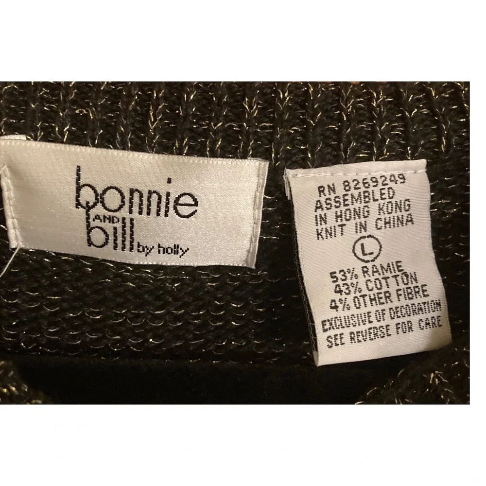 Vintage 80s Bonnie Bill Women L Black Sequin Velvet Geometric Knit Sweater Party